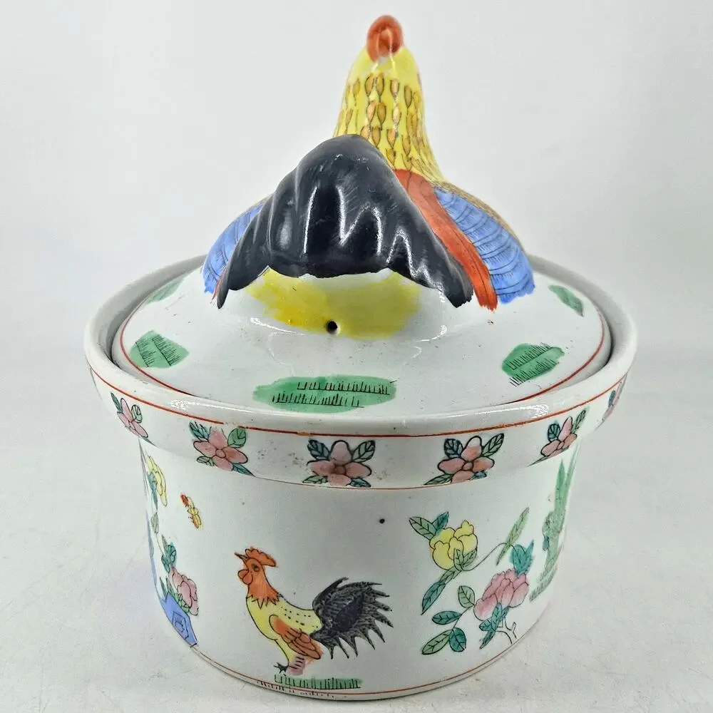 Vintage Chinese Hand Painted hen on nest Covered Casserole Dish Tureen